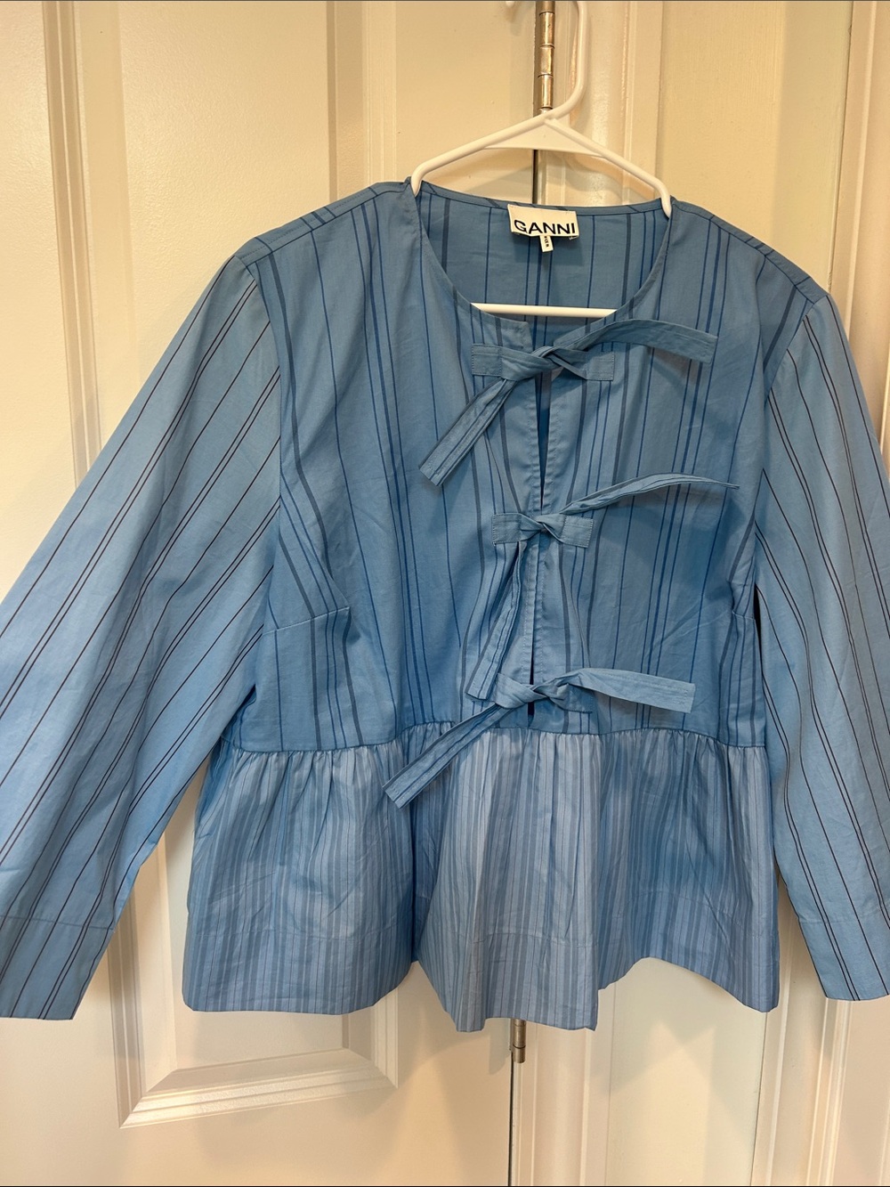 Ganni Blue Striped Tie-Front Peplum Blouse